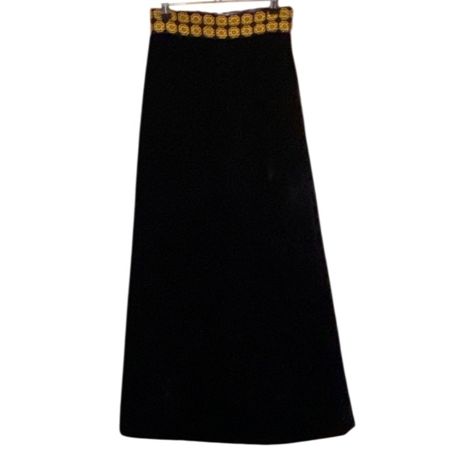 Vintage Lanz Original Black Quilted Velvet Maxi Skirt Floral Trim 1970s Boho